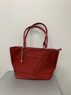 GUESS Red Embossed Triangle Logo Tote